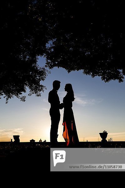 Silhouette of bridal pair  couple in the evening  Rome  Italy  Europe