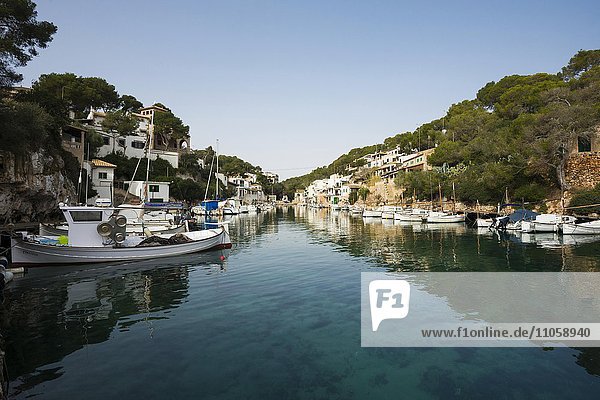 Bay with fishing boats and harbor  Cala Figuera  Majorca  Balearic Islands  Spain  Europe