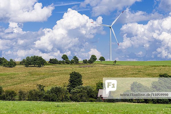 Windkraftanlage und ein kleines Haus zwischen Wiesen  Hermsdorf  Sachsen  Deutschland  Europa