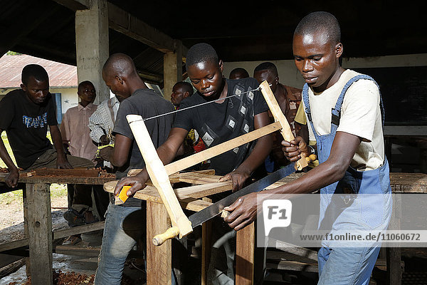 Apprentices sawing wood  carpentry and joinery workshop  Matamba-Solo  Bandundu Province  Republic of the Congo