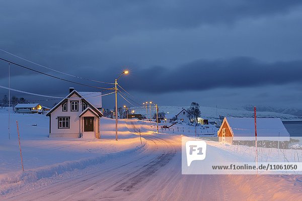 Wintry road 862 through Botnhamn  Island Senja  Province Troms  Norway  Europe