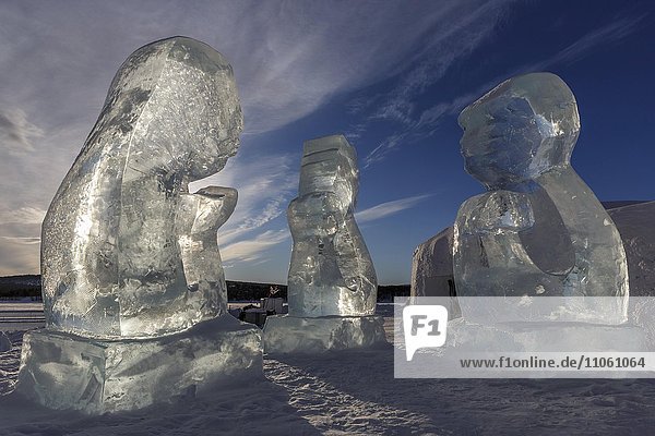 Ice sculptures in front of Icehotel  Jukkasjarvi  Norrbotten County  Sweden  Europe