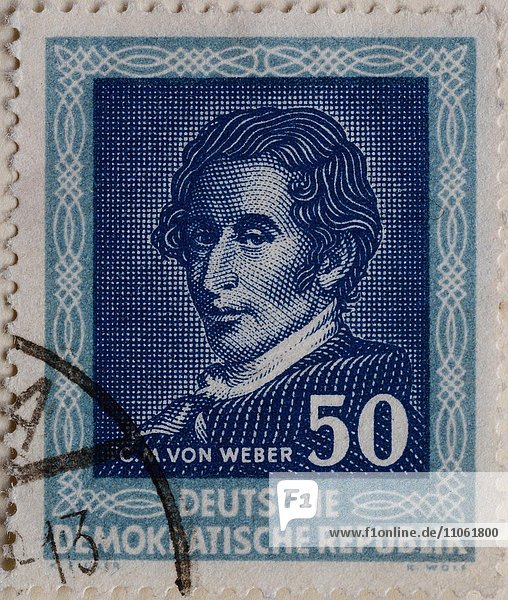 Carl Maria von Weber  deutscher Komponist  Porträt auf einer DDR-Briefmarke 1952