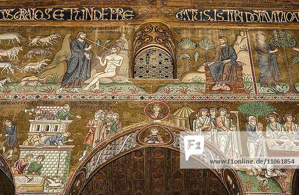 Byzantinisches Mosaik Altes Testament  Gott erschafft Adam  Turmbau zu Babel  Cappella Palatina  Palastkapelle des Palazzo Reale auch Palazzo dei Normanni oder Normannenpalast  Palermo  Sizilien  Italien  Europa