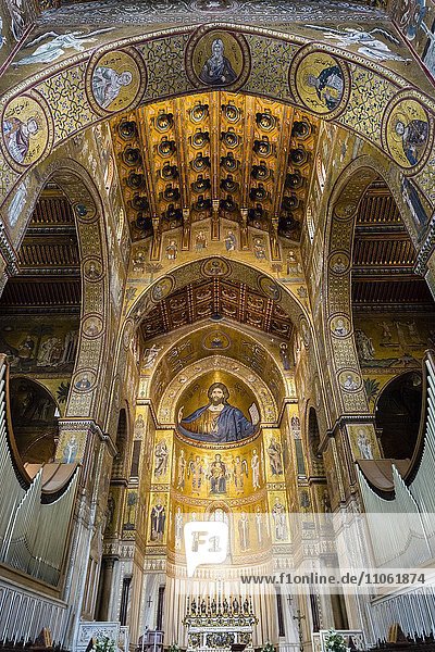 Byzantine mosaics  Christ Pantocrator  below Madonna and Child surrounded by archangels and apostles  apse and choir  Monreale Cathedral or Santa Maria Nuova Cathedral  Monreale  Province of Palermo  Sicily  Italy  Europe