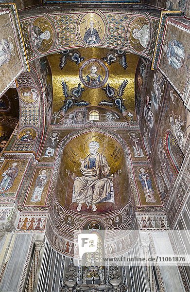 Byzantinische Mosaiken  Apostel Petrus  Apsis rechtes Seitenschiff  Dom von Monreale oder Kathedrale Santa Maria Nuova  Monreale  Provinz Palermo  Sizilien  Italien  Europa