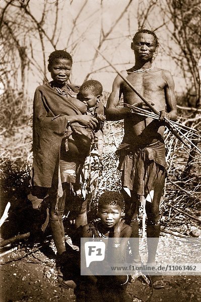 Historische Aufnahme von 1918  Buschmann Familie mit zwei Kindern  ehemaliges Deutsch-Südwestafrika  Namibia  Afrika