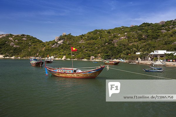 Küstenlandschaft  bunte Fischerboote bei Sao Bien  Ninh Thuan  Vietnam  Asien