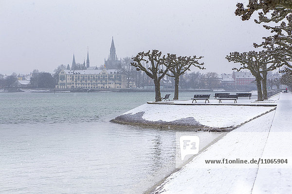Ausblick von der Promenade auf die Altstadt bei Schneefall  Konstanz  Baden-Württemberg  Deutschland  Europa