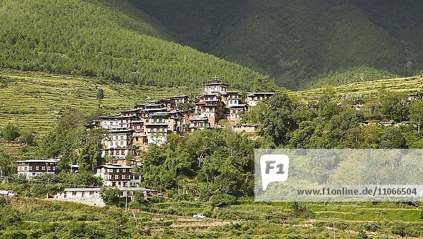 Dorf Rinchengang mit traditionellen Wohnhäusern Wangdue Phodrang Distrikt Königreich Bhutan