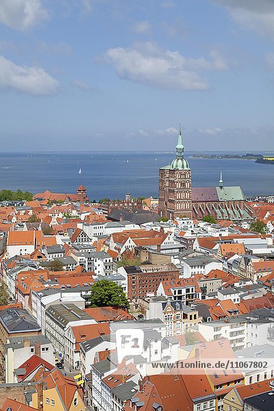 Aussicht vom Turm der Marienkirche auf Stadt mit Nikolaikirche  Stralsund  Mecklenburg-Vorpommern  Deutschland  Europa