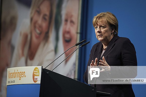Chancellor Angela Merkel speaking at a campaign appearance on 02.03.2016  Wittlich  Rhineland-Palatinate  Germany  Europe