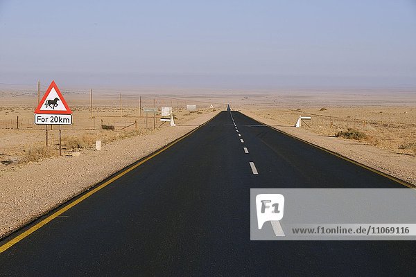 Straße durch die Wüste mit Warnschild Vorsicht Pferde  bei Aus  Karas Region  Namib  Namibia  Afrika