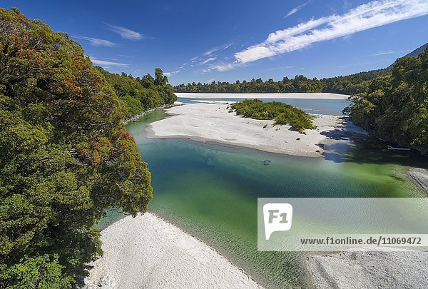 Grüner Arawhata River mit kiesigem breitem Flussbett  am Ufer dichter grüner Urwald  Mount Aspiring Nationalpark  Westcoast  Südinsel  Neuseeland  Ozeanien
