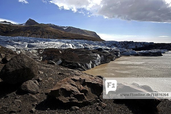 Gletschereis  Gletscherzunge mit Spuren von Vulkanasche und Gletschersee  Gletscher Svínafellsjökull  bei Skaftafell  Südisland  Island  Europa