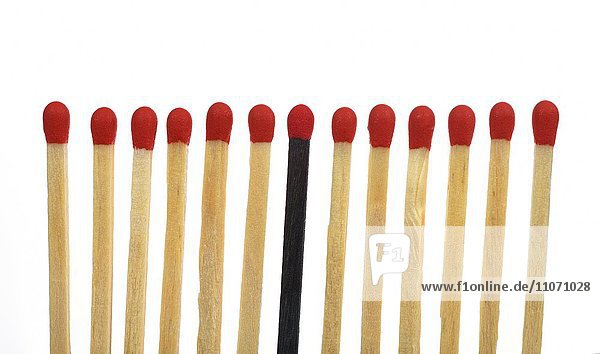 A black match among several bright matches  white background  symbolic image  exclusion  xenophobia  racism