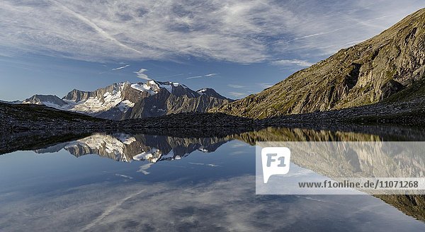 Hochfeiler spiegelt sich im Friesenbergsee im Hochgebirgs-Naturpark Zillertaler Alpen  Tirol  Österreich  Europa