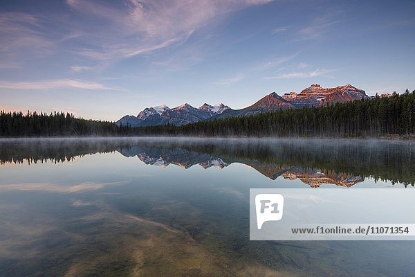 Herbert Lake  Spiegelung der Bow Range bei Morgenlicht  Banff Nationalpark  kanadische Rocky Mountains  Alberta  Kanada  Nordamerika