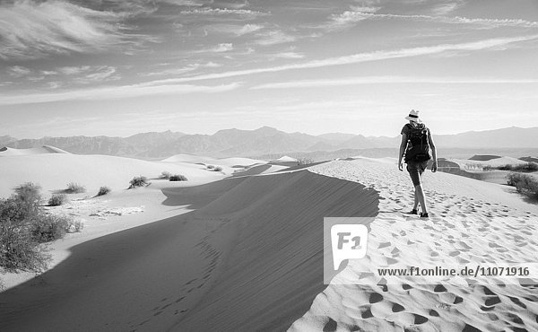 Young man hiking on sand dunes  tourist  Mesquite Flat Sand Dunes  foothills of Amargosa Range behind  Death Valley  Death Valley National Park  California  USA  North America