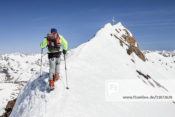 Ski tourer on ridge ascending Finailspitze in Schnals at Schnalstal Glacier  Schnalstal  Meraner Land  South Tyrol Province  Trentino-Alto Adige Region  Italy  Europe