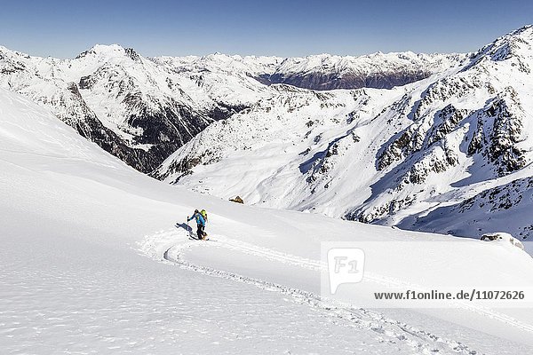 Ski tourer ascending Hintere Nonnenspitze  below Martello  in the background the Vinschgau and the Main Chain of the Alps  Martell  Vinschgau  South Tyrol Province  Trentino-Alto Adige Region  Italy  Europe
