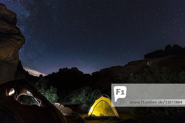 Zelt auf Campingplatz mit Sternenhimmel  Nachtaufnahme  wildrose campground  Death Valley Nationalpark  Kalifornien  USA  Nordamerika
