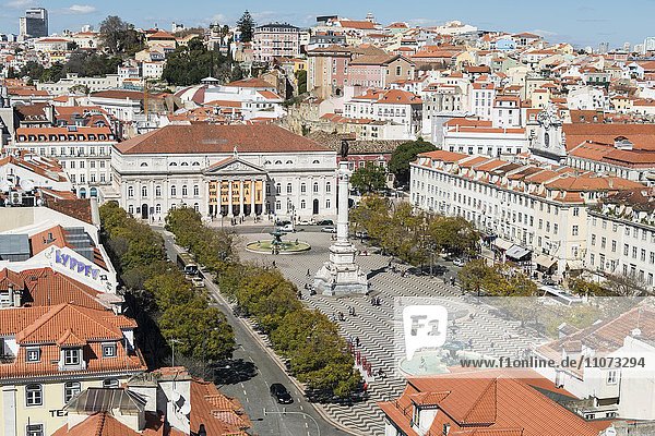 View of historic centre  statue of King Pedro IV in Rossio Square  National Theatre  Baixa  Lisbon  Portugal  Europe