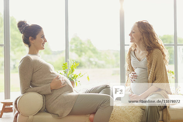 Schwangere Frauen trinken Tee und reden im Wohnzimmer