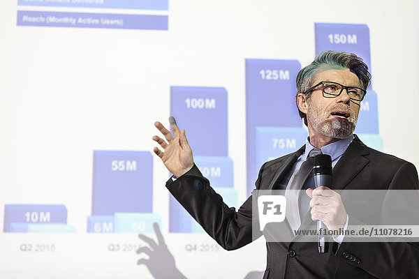 Businessman with microphone speaking at projection screen with bar chart