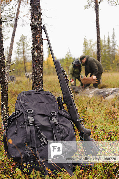 Rifle and backpack leaning on tree trunk  hunters in background