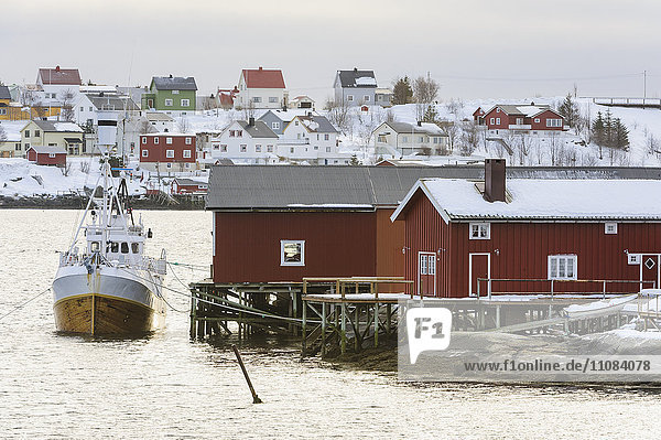 Boot im Hafen vertäut  Lofoten  Norwegen