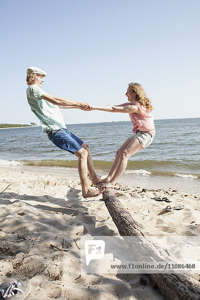 Friends enjoying while standing on driftwood at beach against clear sky
