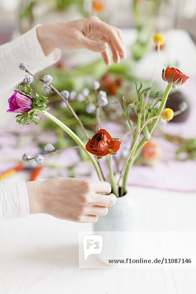 Abgeschnittenes Bild einer Frau  die Blumen in einer Vase auf dem Tisch zu Hause anordnet.