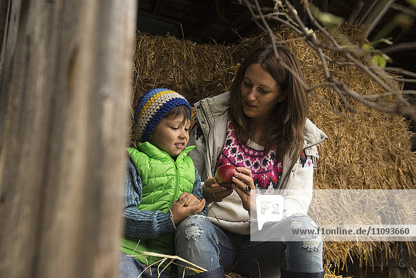 Mother and son sitting on straw in the stable