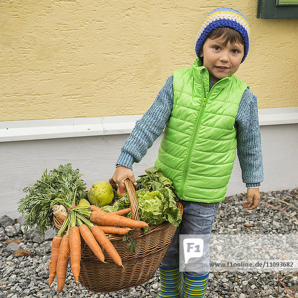 Kleiner Junge hält schweren Korb voller Gemüse