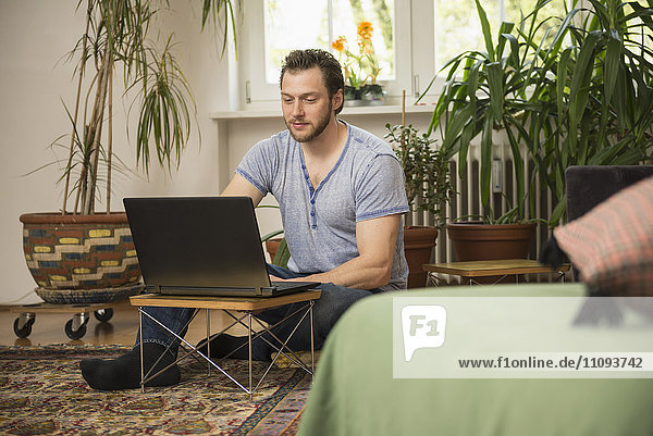 Mid adult man working on laptop in living room  Munich  Bavaria  Germany
