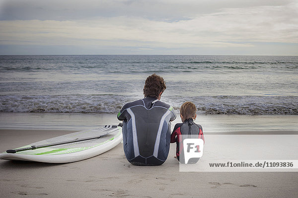 Rückansicht eines Vaters mit seinem Sohn  der die Aussicht betrachtet und am Strand sitzt