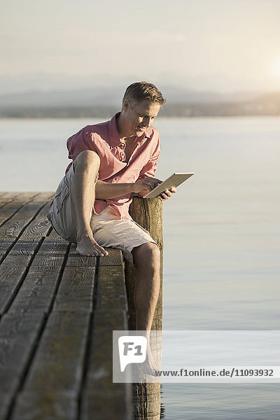Älterer Mann  der ein digitales Tablet auf einem Seeufer benutzt  Bayern  Deutschland