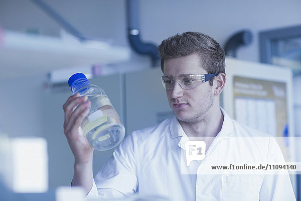 Junger männlicher Wissenschaftler hält Flüssigkeitsflasche in einem Apothekenlabor