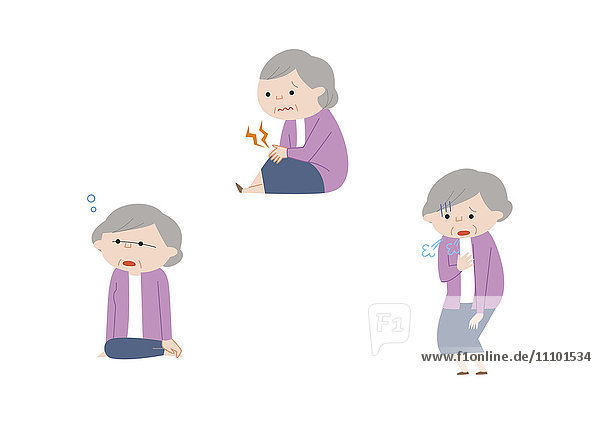Illustration einer älteren Frau mit Tagträumen  Gelenkschmerzen und Atembeschwerden