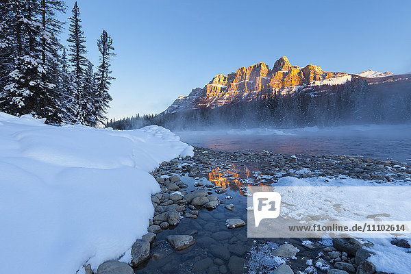 Castle Mountain and the Bow River in Winter  Banff National Park  Alberta  Canada  North America