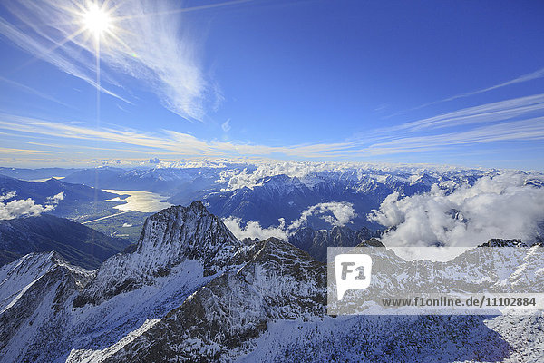 Aerial view of Sasso Manduino and Lake Como in the background Val Dei Ratti Chiavenna Valley Valtellina Lombardy Italy Europe