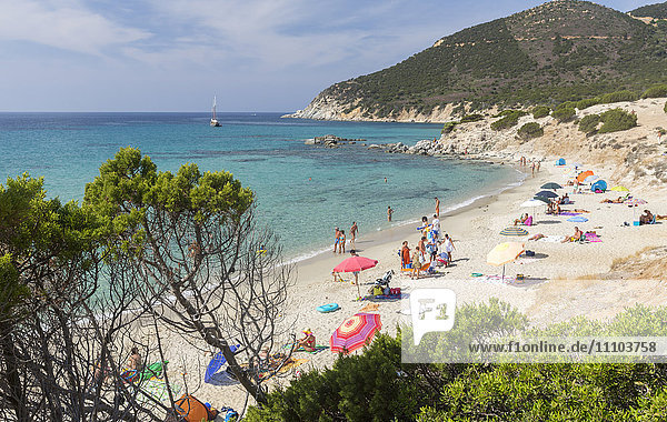 Mediterranean vegetation frames the beach and the turquoise sea of Porto Sa Ruxi Villasimius Cagliari Sardinia Italy Mediterranean Europe