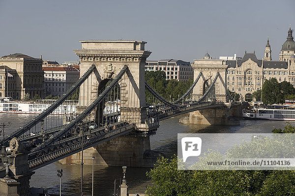 Chain bridge seen from above Clark Adam square  Budapest  Hungary  Europe