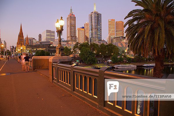 City skyline from Princes Bridge at dusk  Melbourne  Victoria  Australia  Pacific