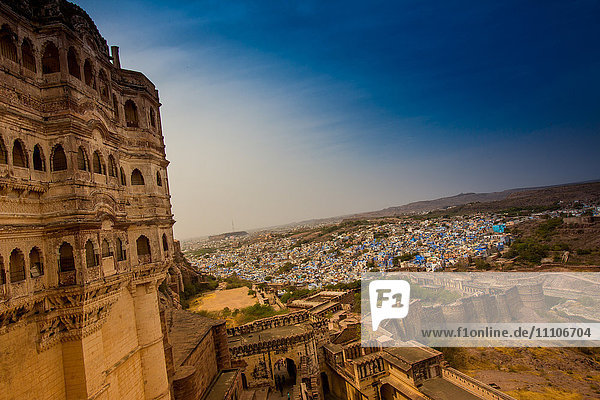The view from the main courtyard of Mehrangarh Fort towering over the blue rooftops in Jodhpur  the Blue City  Rajasthan  India  Asia