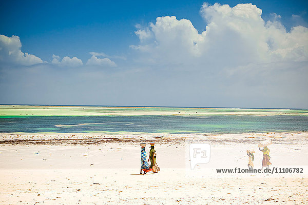 Afrikanische Frauen  die am Strand spazieren gehen  Insel Sansibar  Tansania  Ostafrika  Afrika