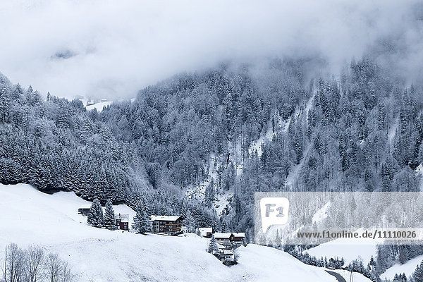 Österreich  Biosphärenpark Großes Walsertal  Sonntag  Chalets und Berghütten  das Tal mit Schnee bedeckt