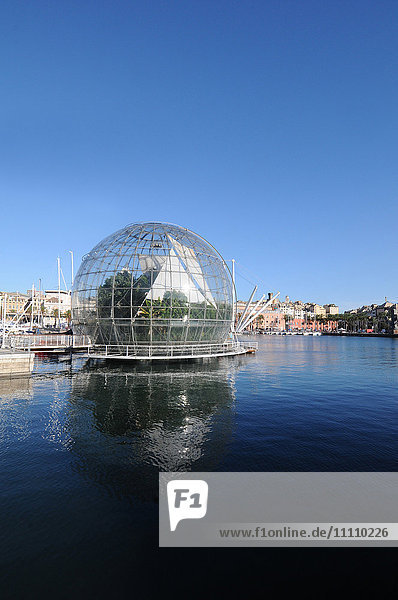 The Porto Antico Harbour with the Great Crane and the Sphera Green house of Genova in Liguria  North West Italy.