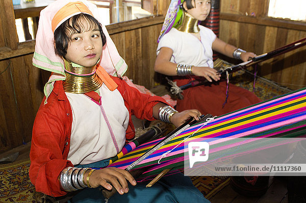 Asia  Myanmar  Taunggyi  Inle lake  women of the Padaung tribe weave fabrics